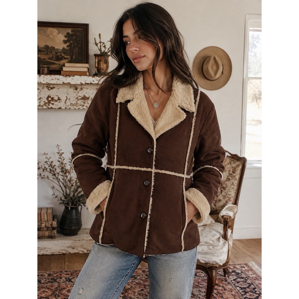 VTG Womens Cabelas Jacket Coat XL Soft Faux Suede Fur Lined Sherpa Hippie Fall